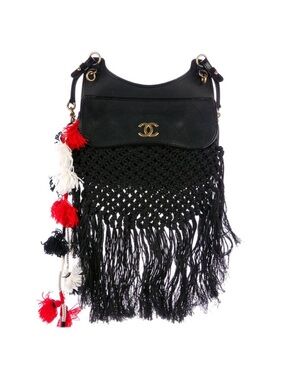 CHANEL Black Macramé Fringe Shoulder Bag with Red & White Tassel Trim
